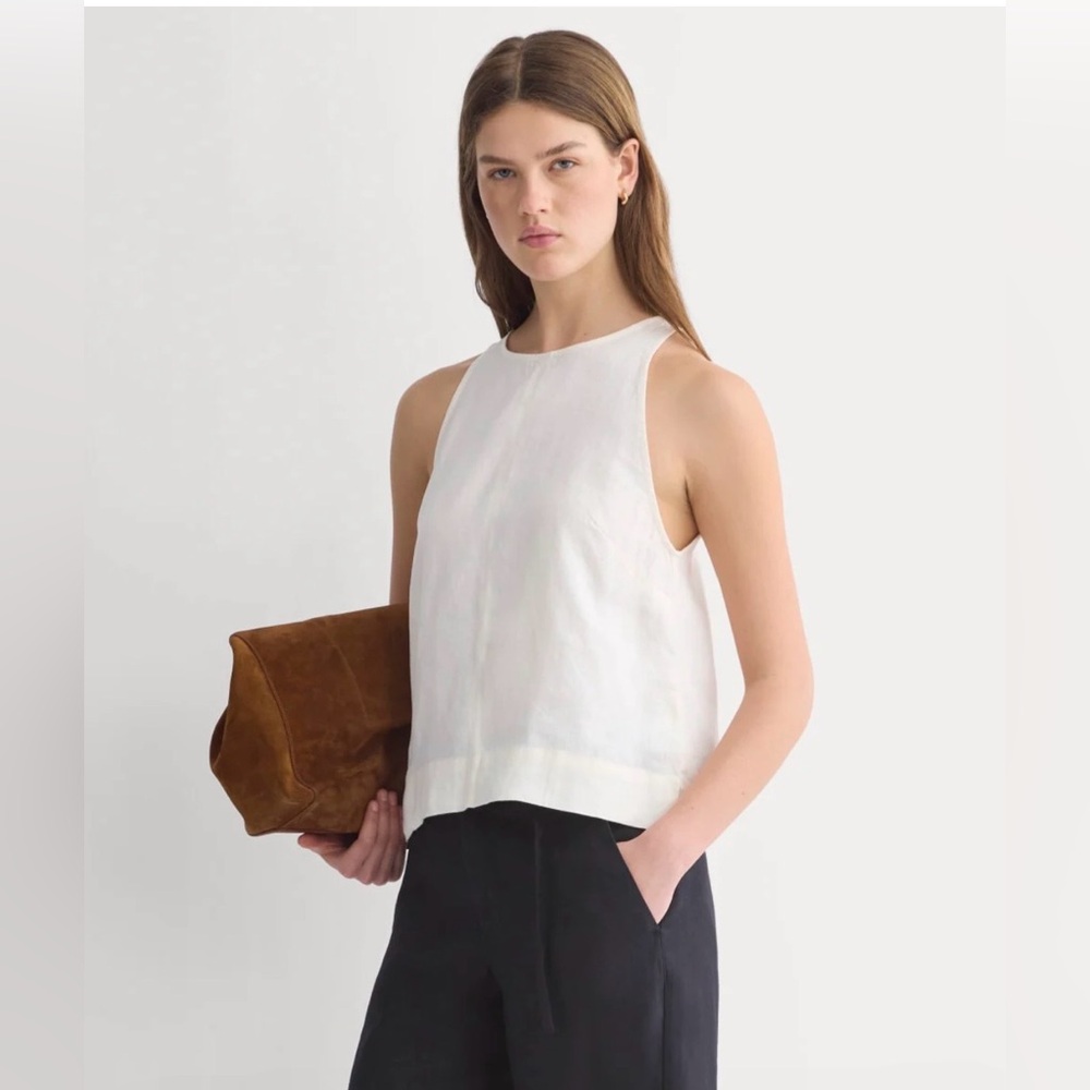 NWT Everlane European Flax Linen High Neck, Button-Back Tank, Bone, XS/S